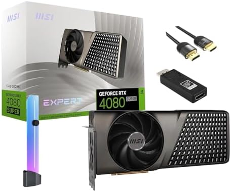 MSI GeForce RTX 4080 Super Expert Graphics Card (PCIe 4.0, 16GB 256-bit GDRR6X, HDMI 2.1a, DP 1.4a, Flow FROZR, DLSS 3.0), w/Anti-Sag RGB Holder, Dino HDMI to DP Adapter, SPS HDMI 2.0 Cable