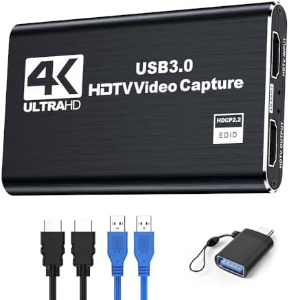4K HDMI Video Capture Card, HDMI to USB 3.0 Cam Link Card for Live Streaming Gaming and Broadcasting, 1080P Recording with Microphone, Work with Nintendo Switch, PS4, Xbox, DSLR, Camera