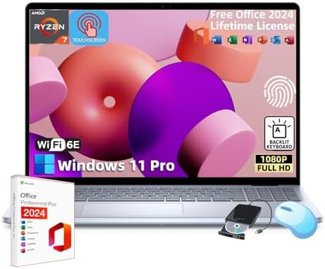 Dell Inspiron-16 Touchscreen Business Laptop - w/Office 2024 Lifetime • 16-inch FHD+ Display • AMD Ryzen 7-8840U • Backlit KB • Fingerprint • Win 11 Pro & External DVD Drive (64GB DDR5 RAM | 2TB SSD)