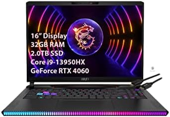 MSI GE68HX Raider 16'' Gaming Laptop - Intel Core i9-13950HX - GeForce RTX 4060-144HZ FHD+ (1920 x 1200) - Windows 11 Home - Kuulpal HDMI Cable (32GB RAM | 2TB SSD) (Raider GE68HX)
