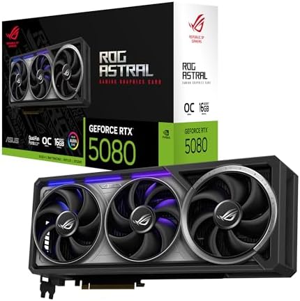 ROG Astral GeForce RTX 5080 16GB GDDR7 OC Gaming Graphics Card (PCIe 5.0, 2xHDMI, 3xDisplay Port, Four Fans, Patented Cooling Tech for Lower Temps & Noise, NVIDIA Ray Tracing, 4K Ultra Gaming, ARGB)