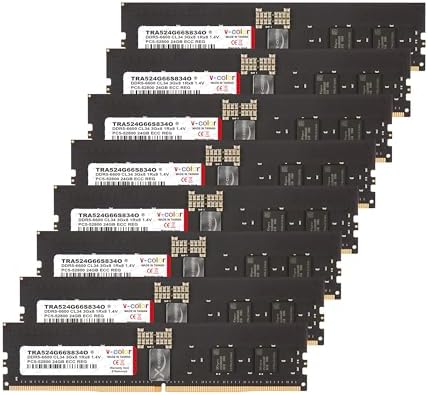 V-Color DDR5 192GB (24GBx8) 6600MHz CL34 3Gx8 1Rx8 OC R-DIMM (Overclocking ECC Registered DIMM) 1.4V Memory Ram for WRX90 Workstation (AMD Expo) (TRA524G66S834O)